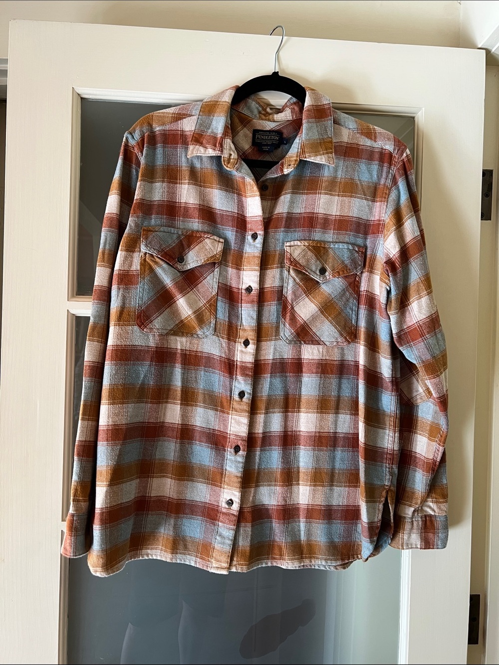 Pendleton Women's Plaid Button-Down Shirt in Rust, Light Blue & Cream